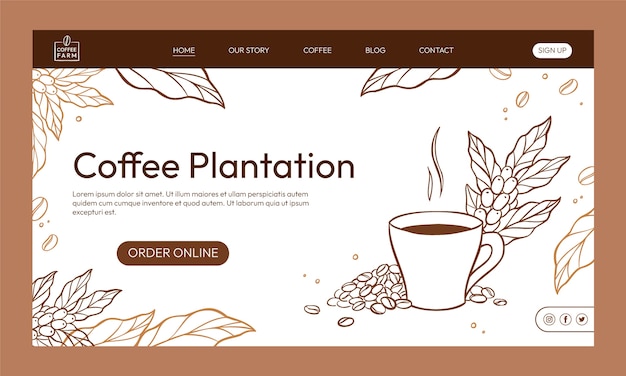 Vettore gratuito pagina di destinazione della piantagione di caffè disegnata a mano