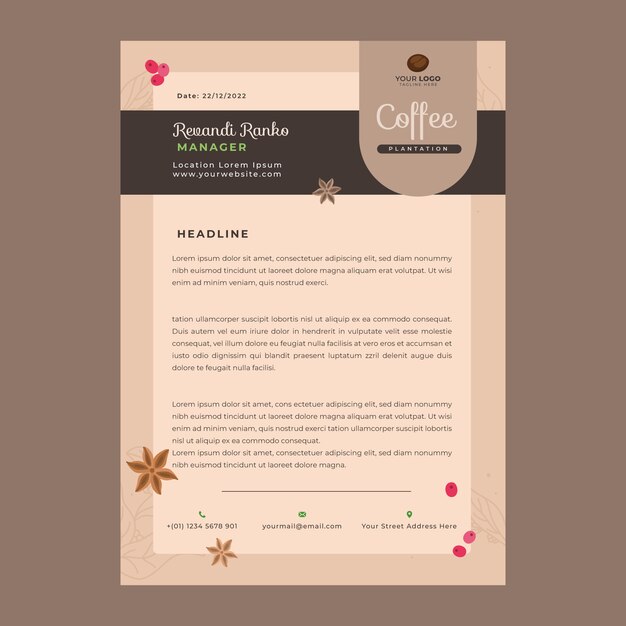 Hand drawn coffee plantation letterhead with plants