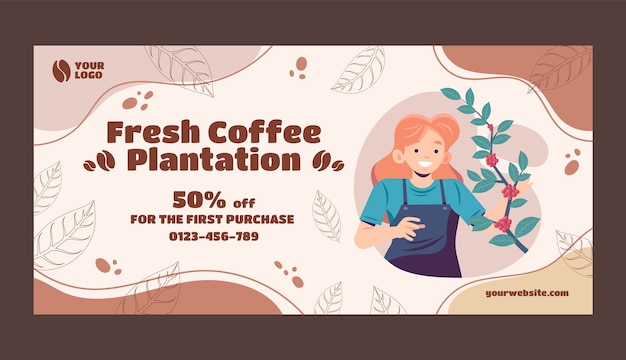 Vettore gratuito banner di vendita di piantagione di caffè disegnato a mano