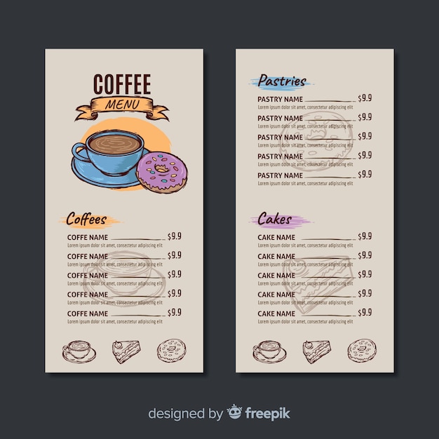 Vettore gratuito modello di menu caffetteria disegnato a mano