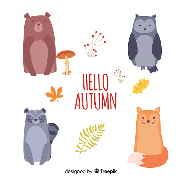 Hand drawn collection of autumn forest animals