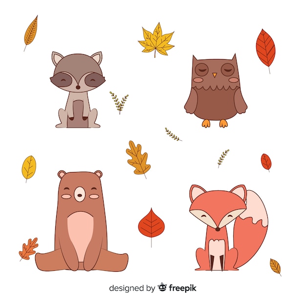 秋の森の動物の手描きコレクション