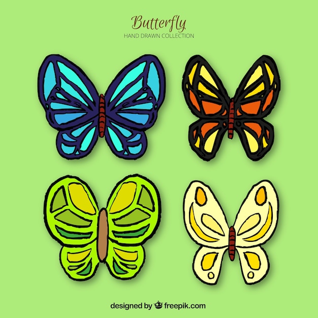 4色の蝶の手描きコレクション