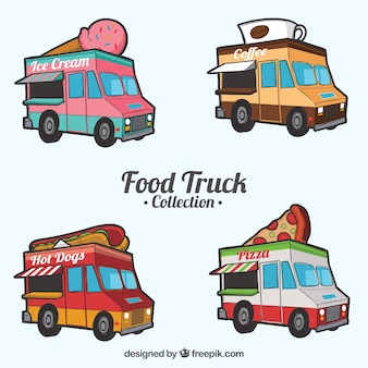 Hand drawn collection of fun food trucks