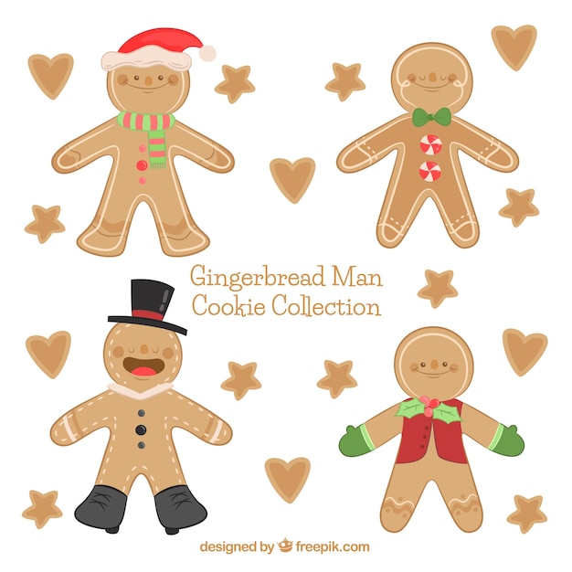 Free vector hand drawn collection of gingerbread cookies in a shape of men, stars and hearts