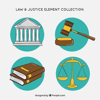 Raccolta disegnata a mano di elementi di legge e giustizia
