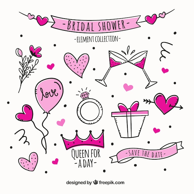 Free vector hand-drawn collection of pink bridal shower elements