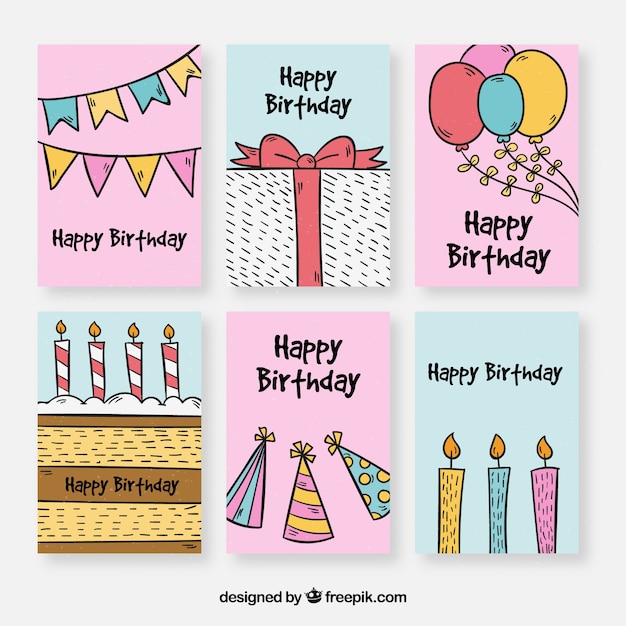 Hand drawn collection of six birthday cards