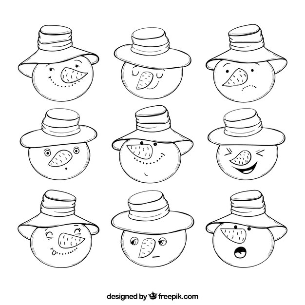 Hand-drawn collection of snowman emoticons