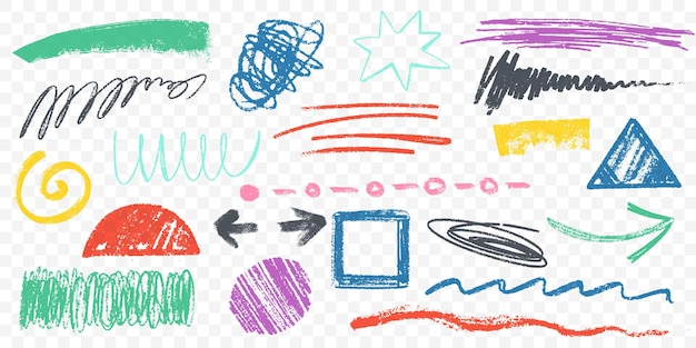 Hand drawn color charcoal shapes arrows wavy lines crayon curly squiggles