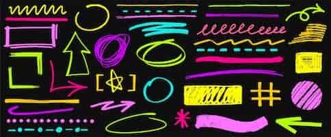 Free vector hand drawn color highlighter pen lines underlines scribbles arrows and line strokes