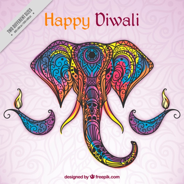 Free vector hand drawn colored ornamental elephant background of happy diwali