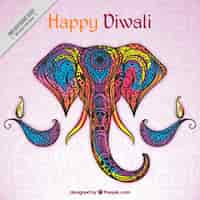 Free vector hand drawn colored ornamental elephant background of happy diwali