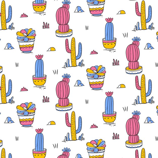 Hand drawn colorful cactus pattern