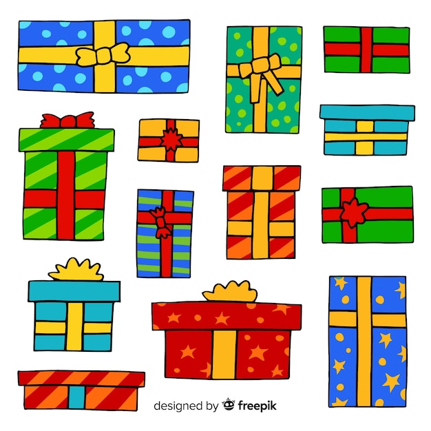 Hand drawn colorful christmas gift boxes collection