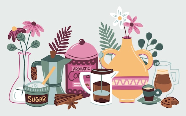 Sfondo di caffè colorato disegnato a mano