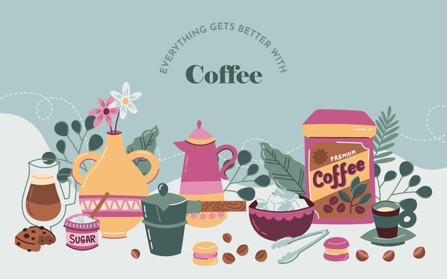 Hand drawn colorful coffee background