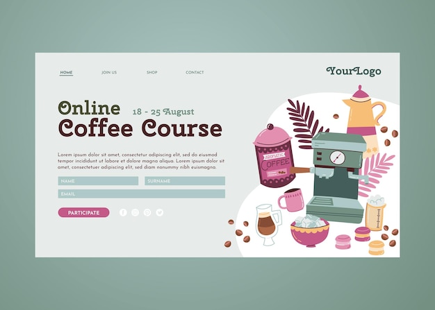 Бесплатное векторное изображение Нарисованная вручную красочная целевая страница курса кофе