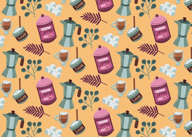 Hand drawn colorful coffee pattern