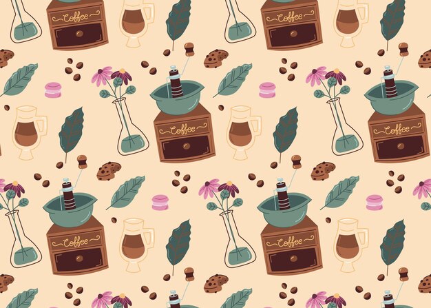 Hand drawn colorful coffee pattern