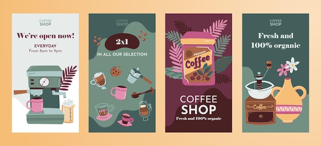 Free vector hand drawn colorful coffee shop opening instagram story collection