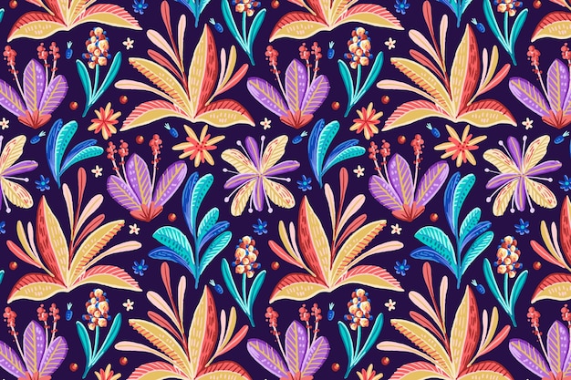 Hand drawn colorful exotic floral pattern background