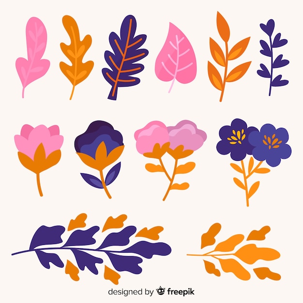 手描きの色とりどりの花と葉のコレクション