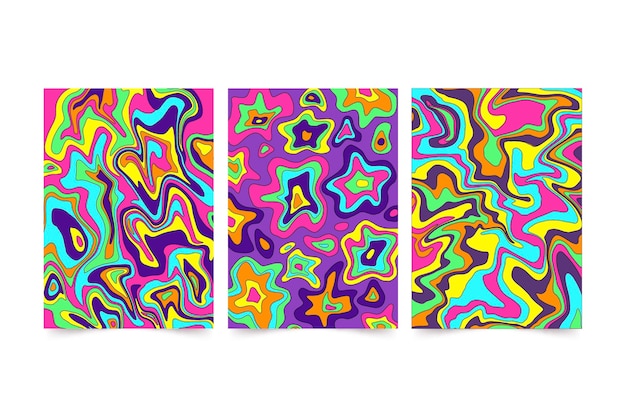 Hand drawn colorful groovy psychedelic covers set