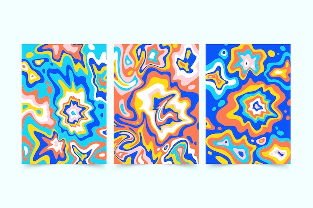 Hand drawn colorful groovy psychedelic covers set