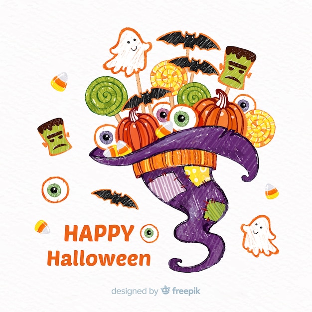 Hand drawn colorful halloween candy bag background