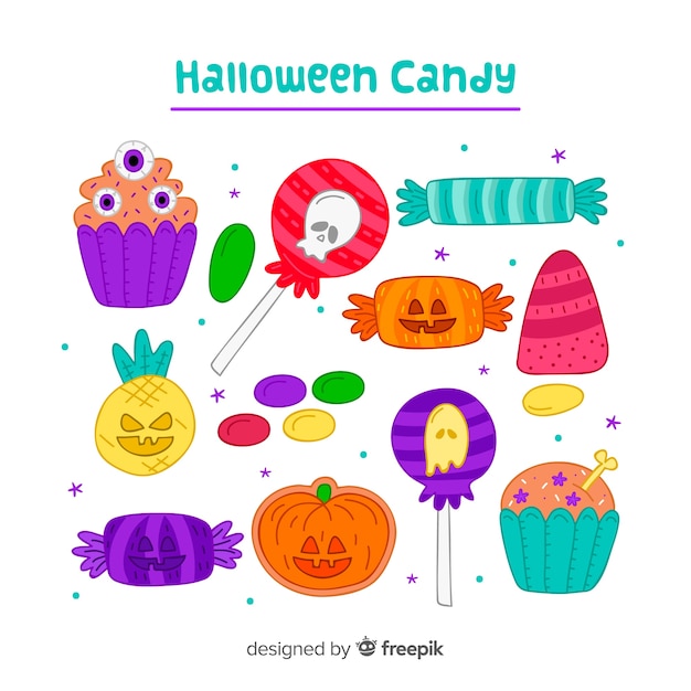 Hand drawn colorful halloween candy collection