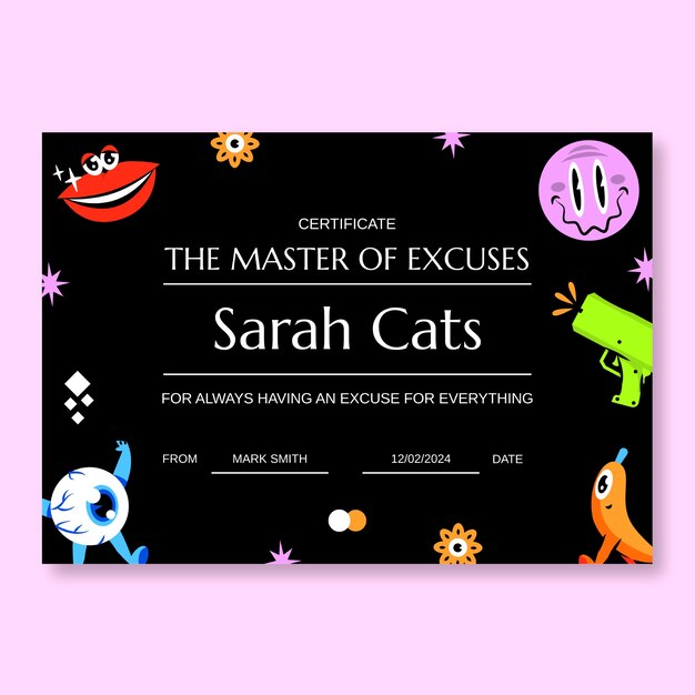 Hand-drawn colorful master of excuses joke certificate template