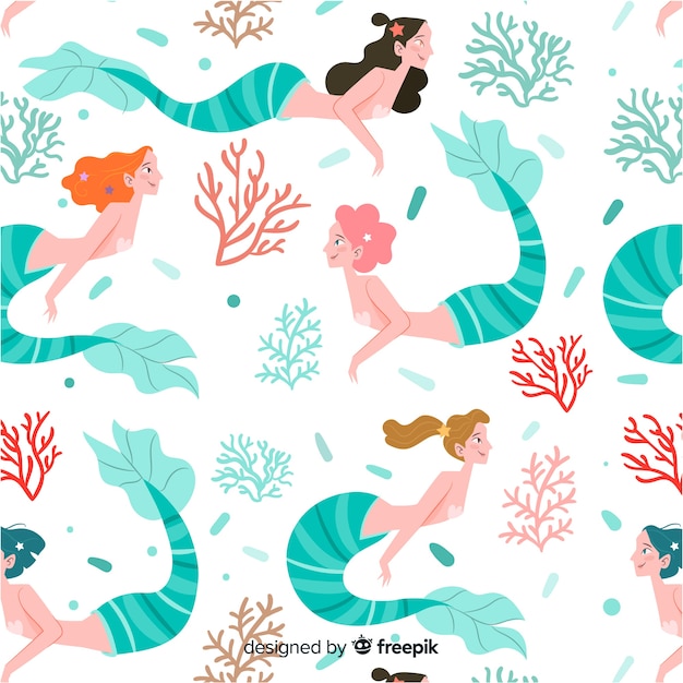 Free vector hand drawn colorful mermaid pattern