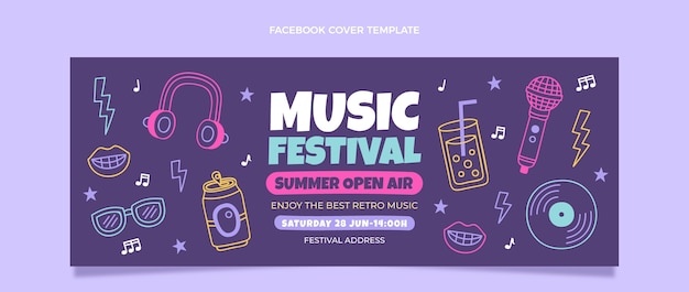 無料ベクター 手描きのカラフルな音楽祭のfacebookカバー