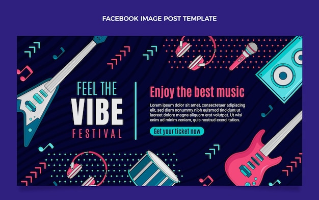 Нарисованный рукой красочный музыкальный фестиваль пост в фейсбуке