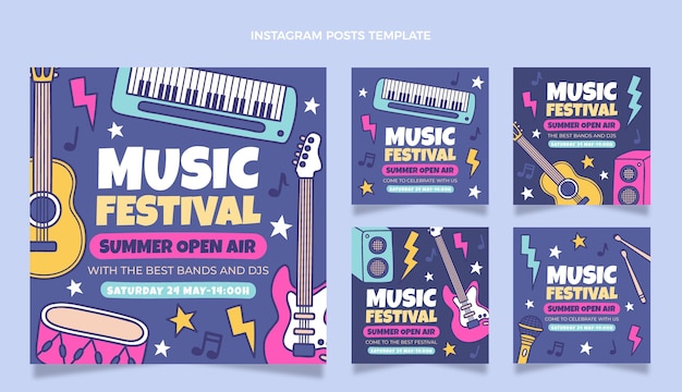 Free vector hand drawn colorful music festival ig post