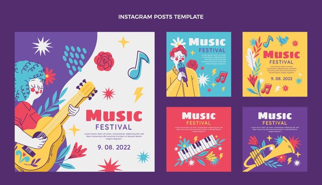 Hand drawn colorful music festival instagram posts