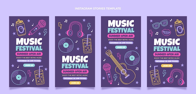 Storie di instagram festival musicali colorate disegnate a mano