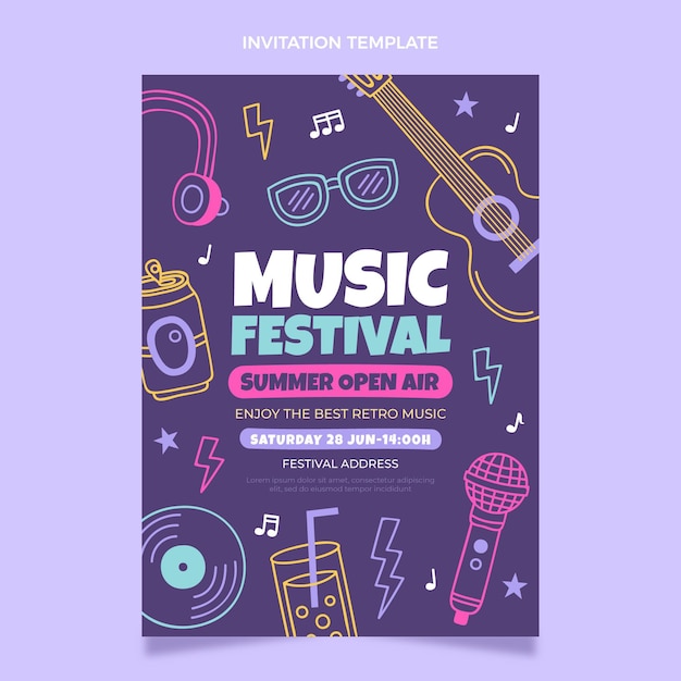 hand drawn colorful music festival invitation