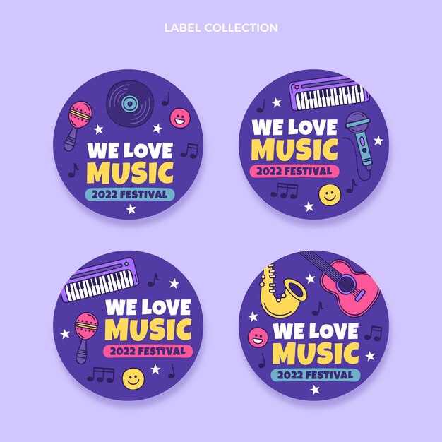 Hand drawn colorful music festival label and badges