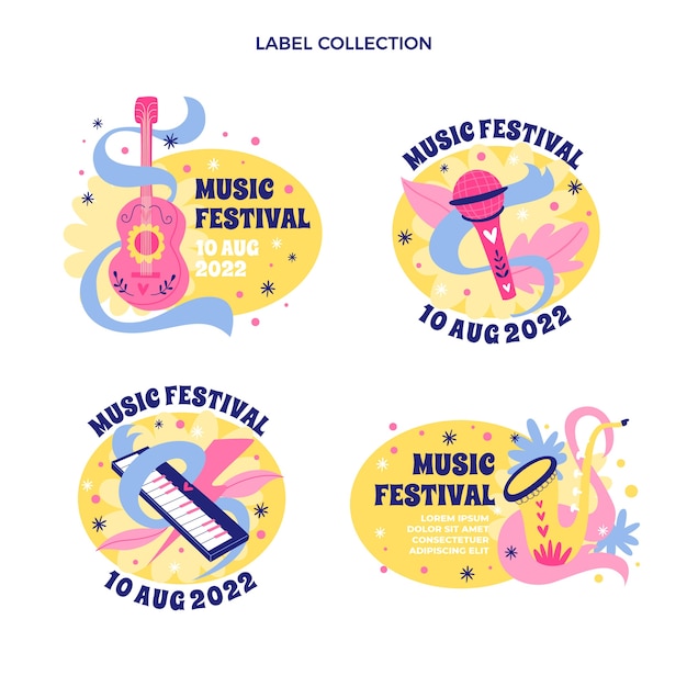 Vettore gratuito set di etichette per festival musicali colorati disegnati a mano
