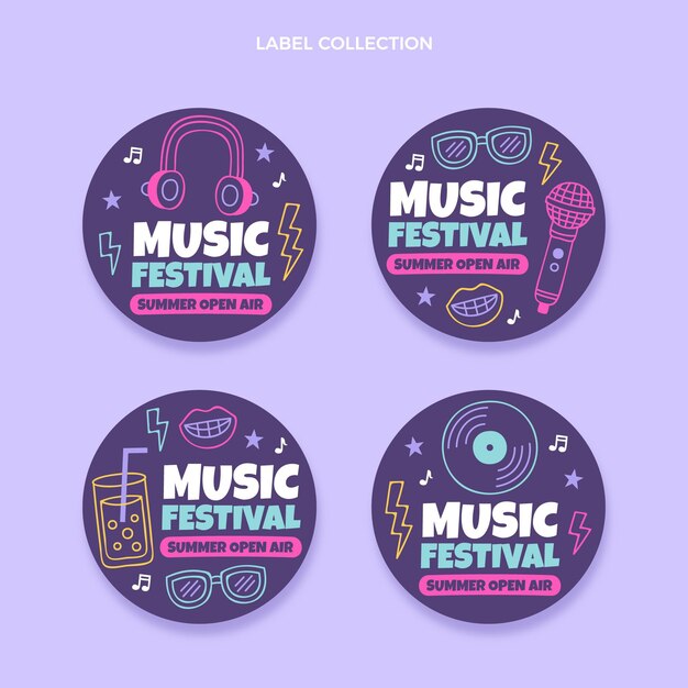 hand drawn colorful music festival labels