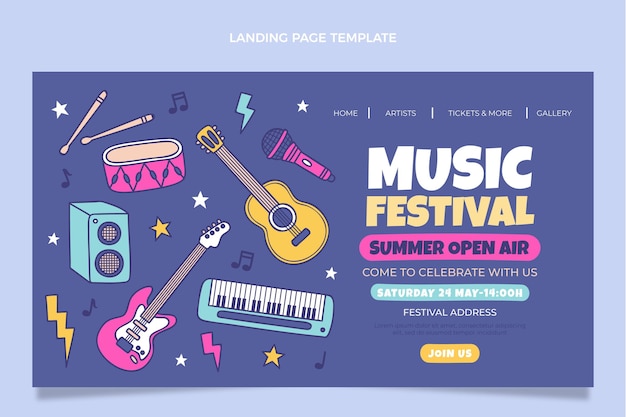 Pagina di destinazione del festival musicale colorato disegnato a mano