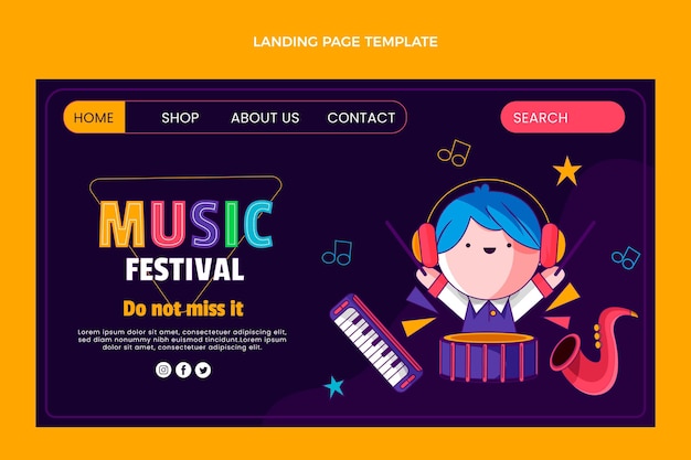 Vettore gratuito pagina di destinazione del festival musicale colorato disegnato a mano