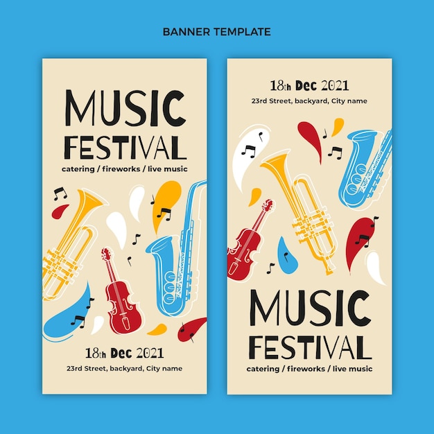 Bandiere verticali del festival musicale colorato disegnato a mano