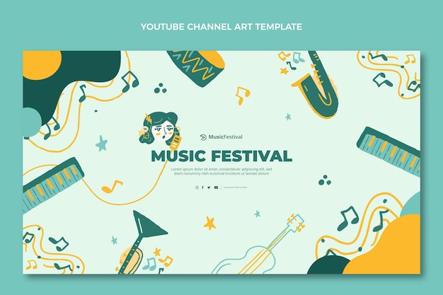 手描きのカラフルな音楽祭のYouTubeチャンネルアート