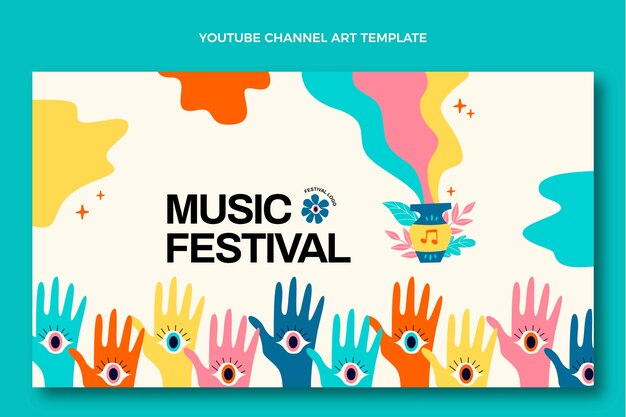 Hand drawn colorful music festival youtube channel art