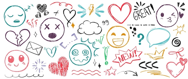 Free vector hand drawn colorful pencil doodle emoji faces lines punctuation marks and speech bubbles