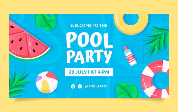 Ручной обращается красочный шаблон facebook для вечеринки у бассейна