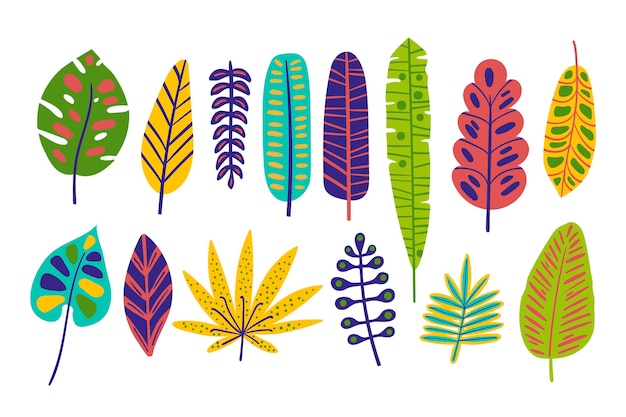 Free vector hand drawn colorful tropical leaves collection